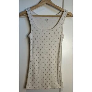 Gap Womens XS Cream Ribbed Cactus Print‎ Scoop Neck Tank Top Slim Fit Sleeveless